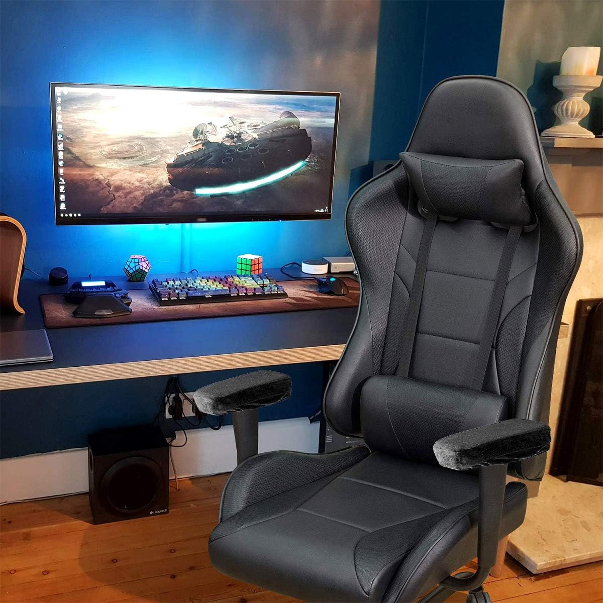 Ergonomic Memory Foam Office Chair Armrest Pads, Comfy Gaming Chair Arm Rest Covers for Elbows and Forearms Pressure Relief(Set of 2), Stretch Fit, Black