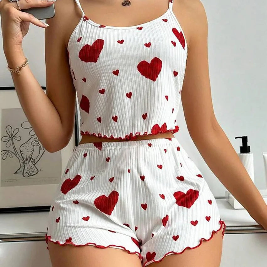 Women’s 2PCS Heart Print Pajama Set, Sleeveless Crop Top and Shorts, Soft Comfy Sleepwear Loungewear for Summer Nightwear