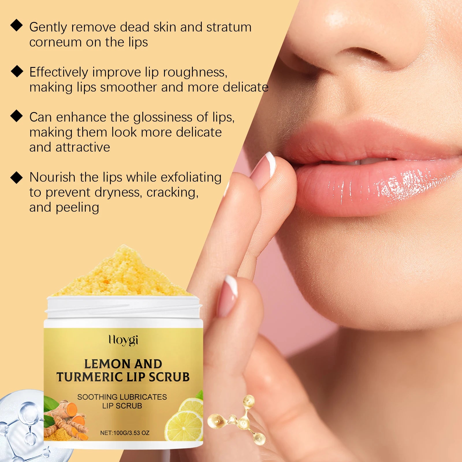 Hoygi 100g Turmeric Lemon Lip Scrub Moisturizing Lip Care Gentle Exfoliating Plumping Remove Dead Skin Nourish Chapped Lip Scrub