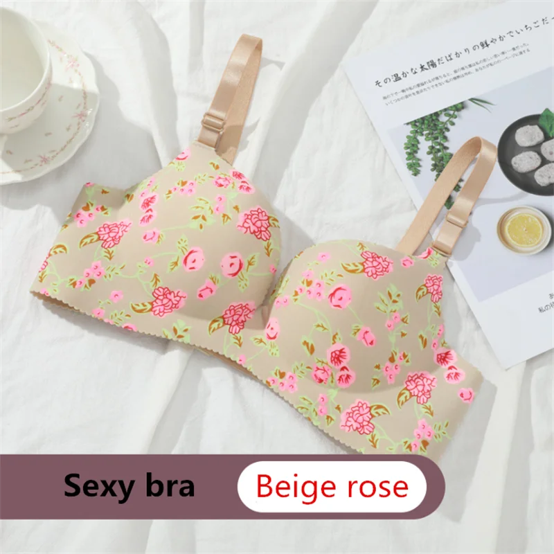 Women Flower Print Seamless Bra Sexy Lingerie Floral Push Up Bras One-Piece Underwear