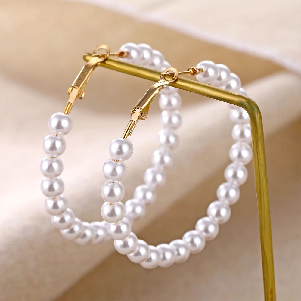 Fashion Korean Imitation Pearl Circle Hoop Earrings Women's Gold Color Round White Pearl Big Earrings Brincos Jewelry