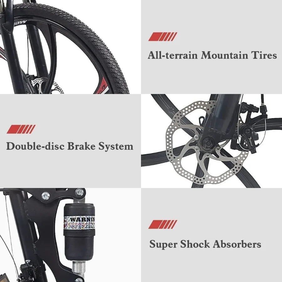 26 Inch Folding Mountain Bike with High Carbon Steel 21 Speed City Bike with Dual Suspension Folding Bicycle for Adults Men and