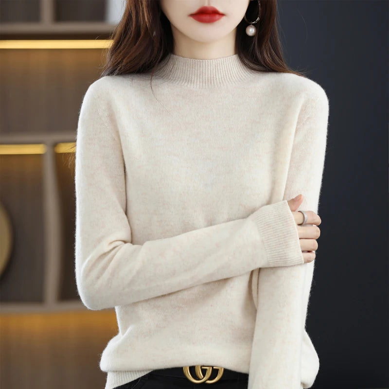 New Fashion Autumn And Winter Pure Wool Sweater Top Women's Semi-Turtleneck Solid Color Long-Sleeved Fashion Pullover Sweater101