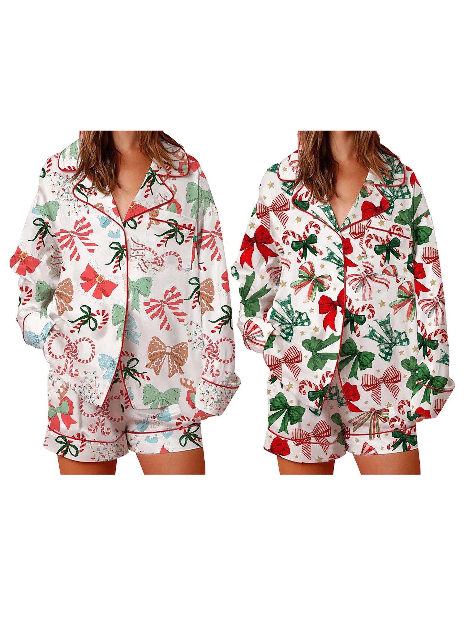 Women s Festive Holiday Pajama Set with Long Sleeve Lapel Shirt and Wide Leg Shorts in Christmas Print Sleepwear Collection
