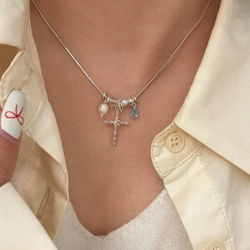 Sparkling Rhinestone Rotatable Snowflake Long Tassel Necklace For Women Crystal Zircon Pearl Cross Choker Girl Christmas Jewelry