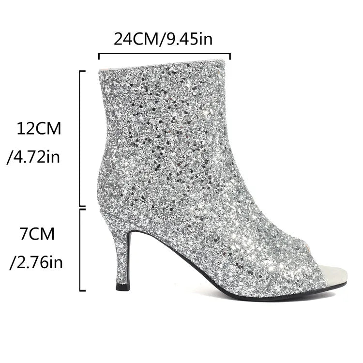 Ochanmeb Glitter Silver Peep Toe Boots Women Thin High-Heeled Open Toe Zipper Golden Sequins Ankle Boot Ladies Party Shoes 34-48