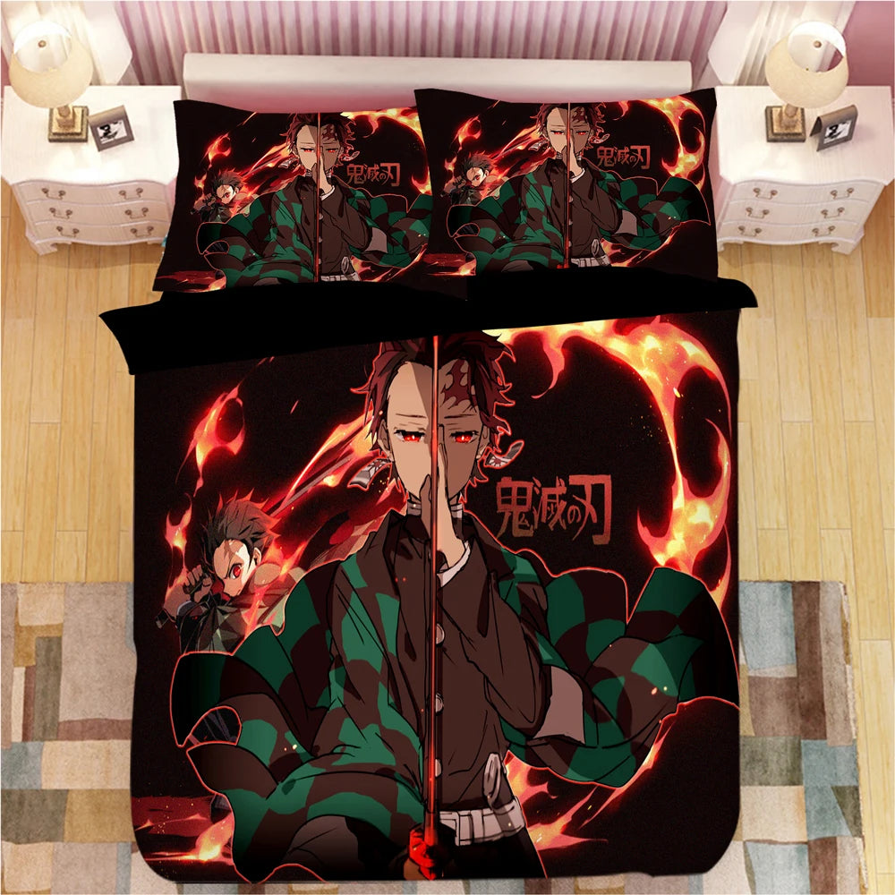 Demon Slayer Bedding Sets Cartoon Comforter Bed Linen Boys Kids Single Double Size Soft Bedclothes Home Decor Anime Duvet Covers