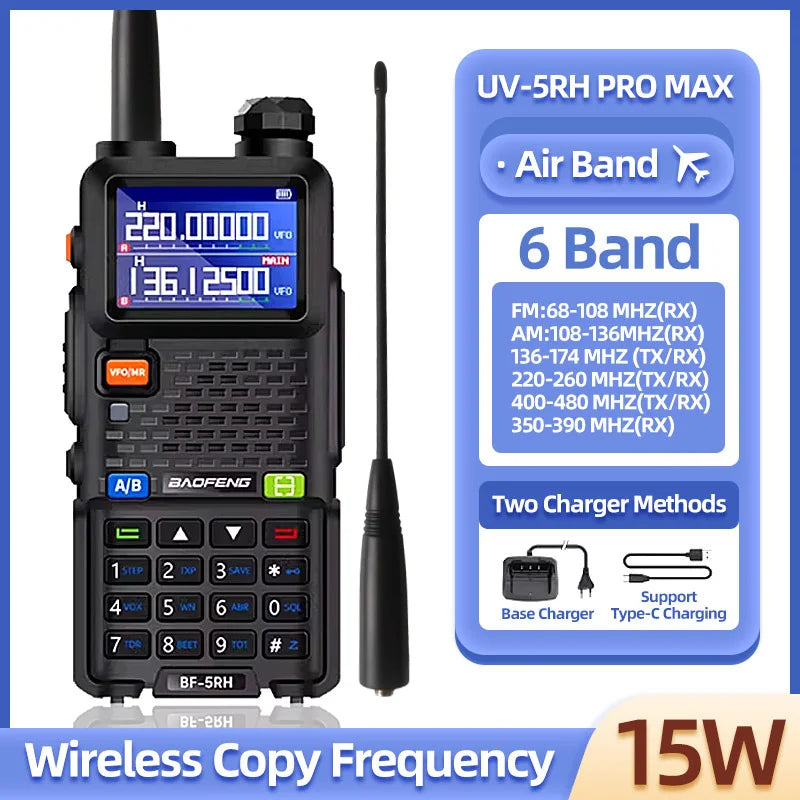 Baofeng walkie talkie UV5RH 15W, six band wireless replication frequency, 999CH, USB transceiver, HAM, , 50KM