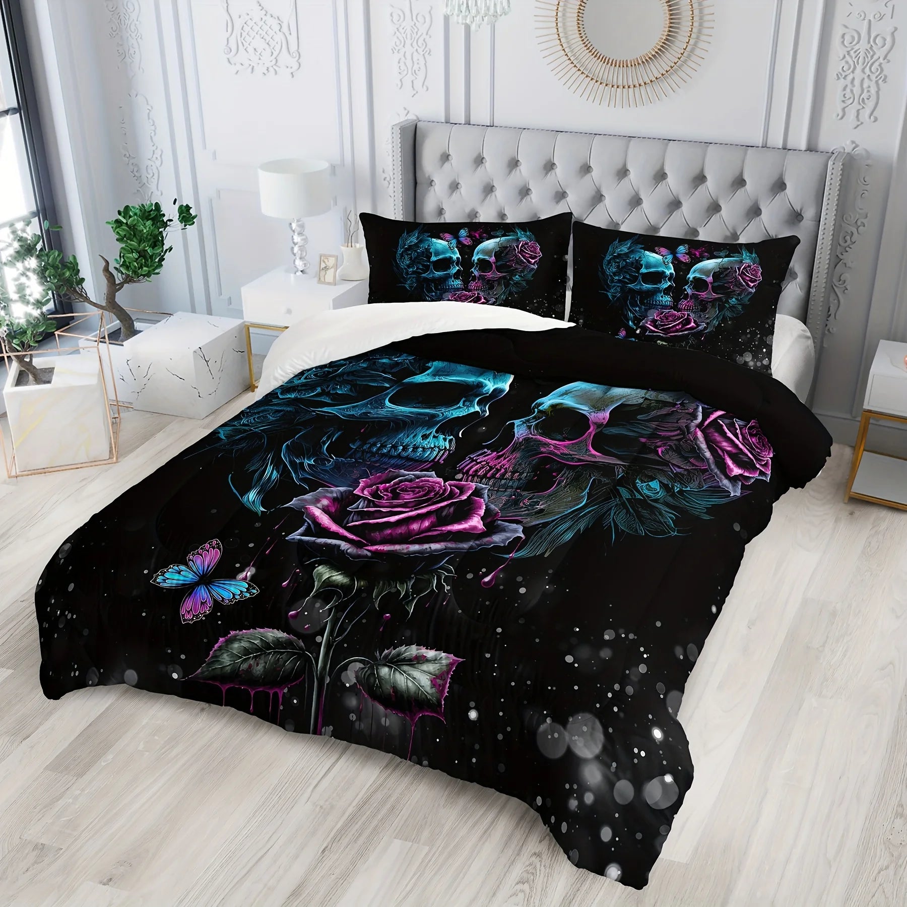 3pcs Skull Bedding Set Queen Size, Goth Bedding Sets Queen Skull Comforter Set, Rose Comforter Halloween Skull cover