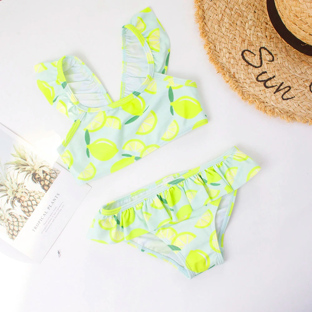Ruffle Lemon Print Baby Kids Swimwear Swimsuit Summer Beach Cute Girls Kids Bikini Set 3-8Years Outdoor Children Swimming Suit
