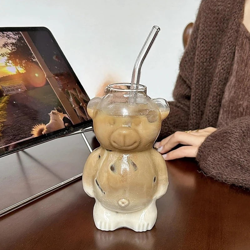 Creative Cute Bear Coffee Mug With Straw Transparent Cup Beer Milk Coffee Water Cups Wholesale Glass Drinkware Mug Set 320ML