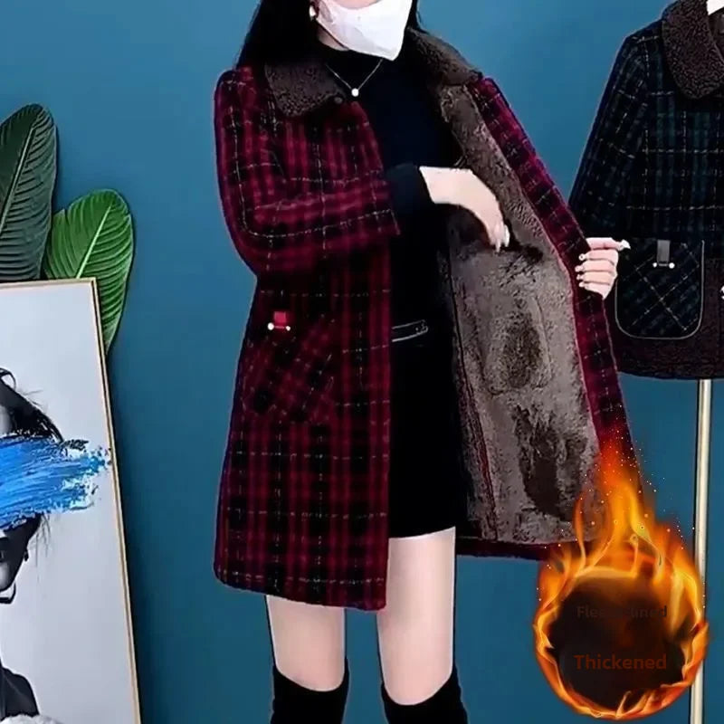 Elegant Thickened Fleece-lined Medium-length Autumn/winter Jacket For Women Fashionable Slimming High-end Mother's Attire