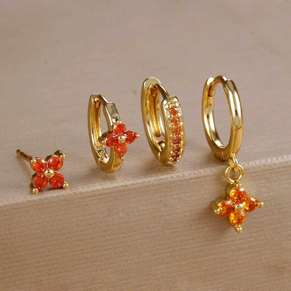 4pcs Fashion Cubic Zirconia Flower Hoop Earrings Set 18K Gold Plated Stainless Steel Stud Earring Piercing Jewelry aretes mujer