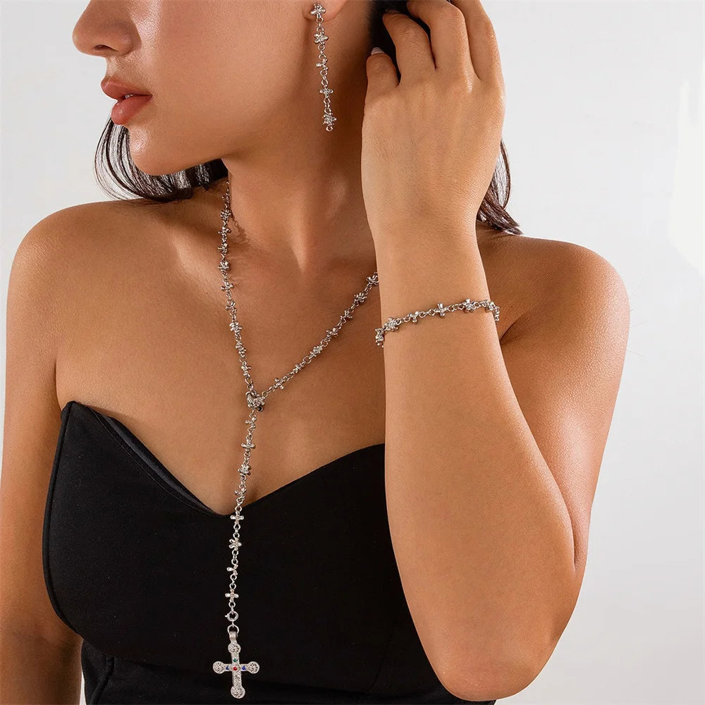 Shiny Cross Pendant Necklace for Women Fashion Daisy Molecule Chain Necklace Bracelet Statement Y2K Ins Party Jewelry Gifts 2024