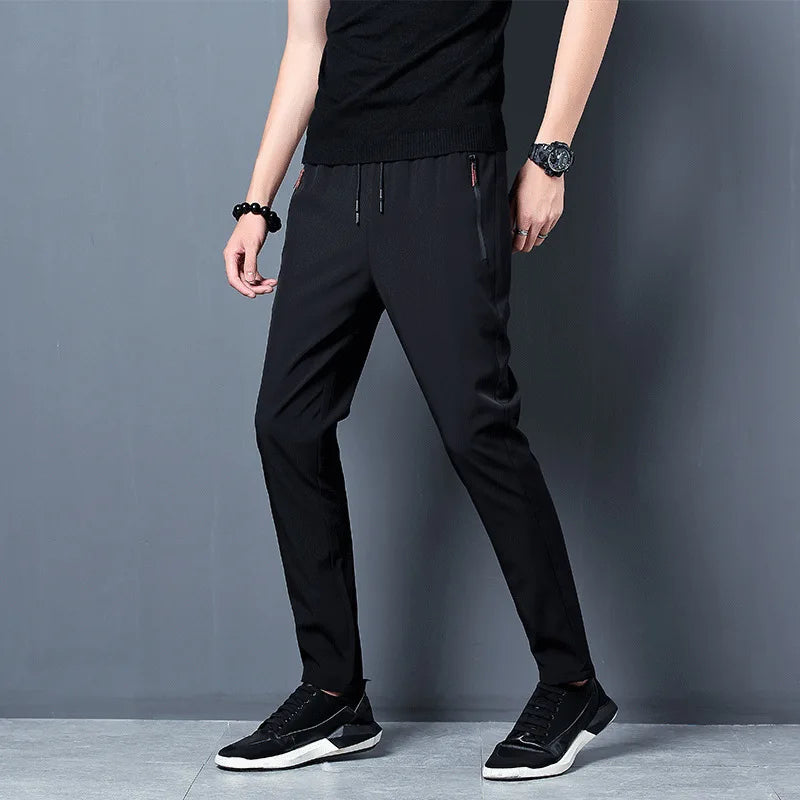 Ice Silk Men's Pants 2024 Summer New Black Gray Thin Business Casual Pants Outdoor Elastic Breathable Straight Leg Sweatpants