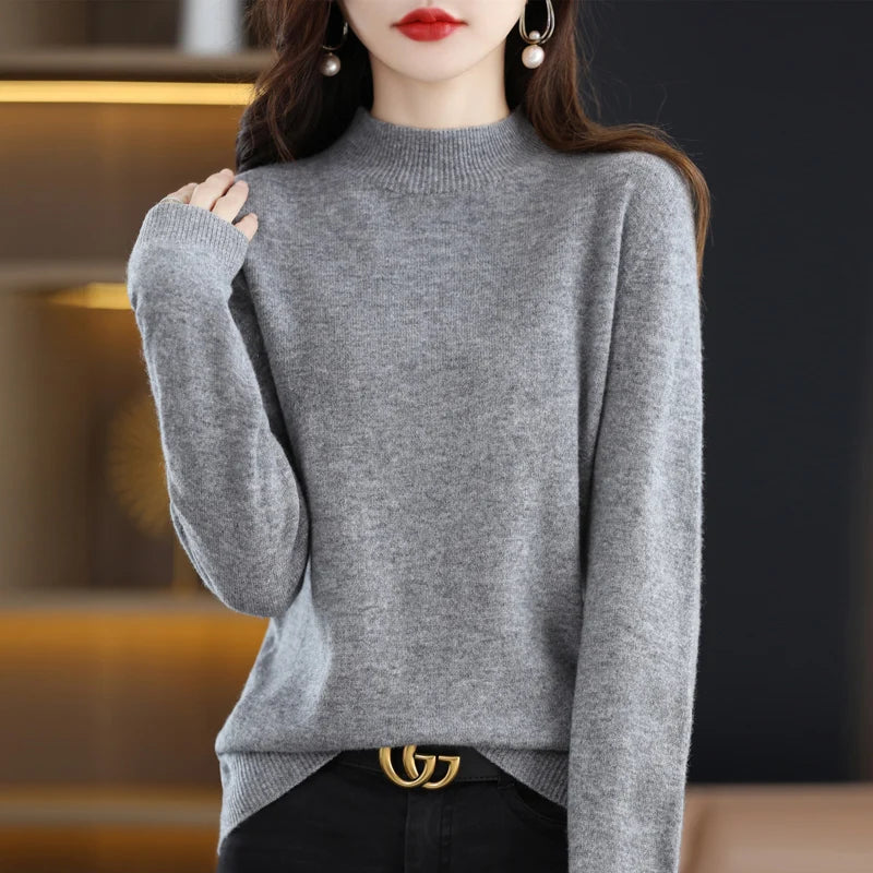 New Fashion Autumn And Winter Pure Wool Sweater Top Women's Semi-Turtleneck Solid Color Long-Sleeved Fashion Pullover Sweater101