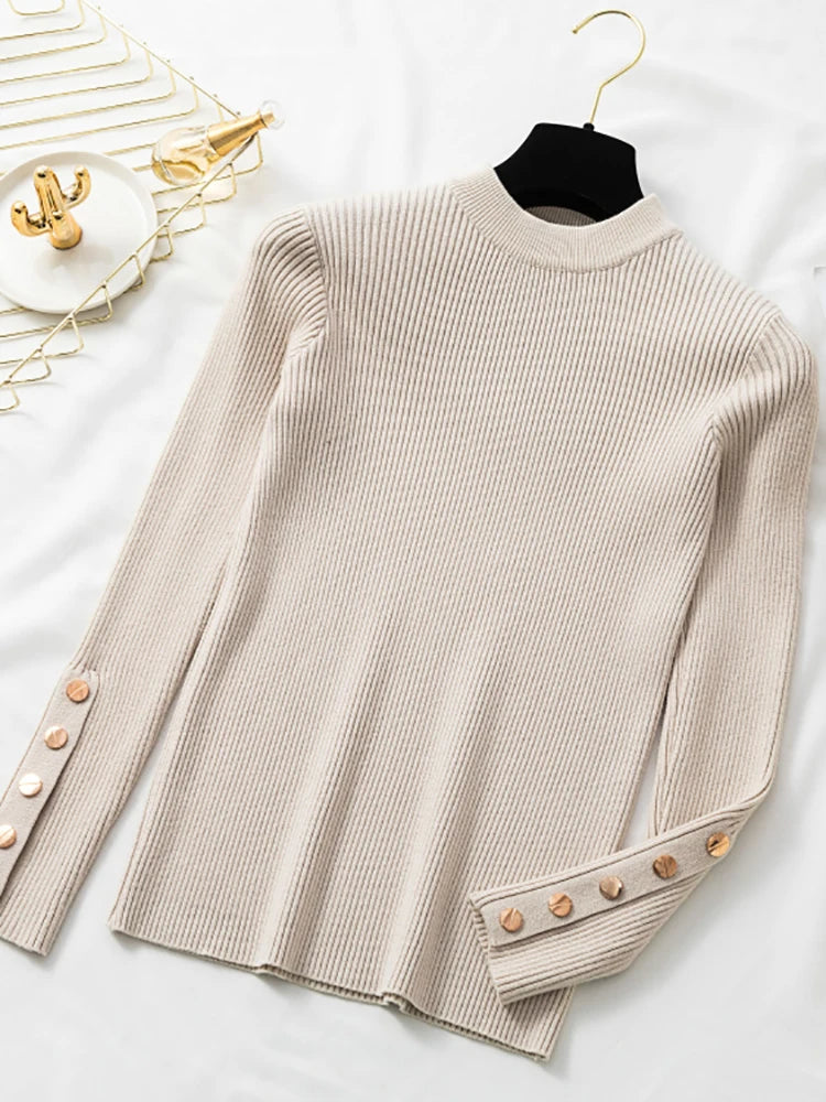 2025 Autumn Winter Casual Women Sweater Pullovers Button Long Sleeve O-neck Chic Sweater Female Slim Knitted Soft Jumper Tops