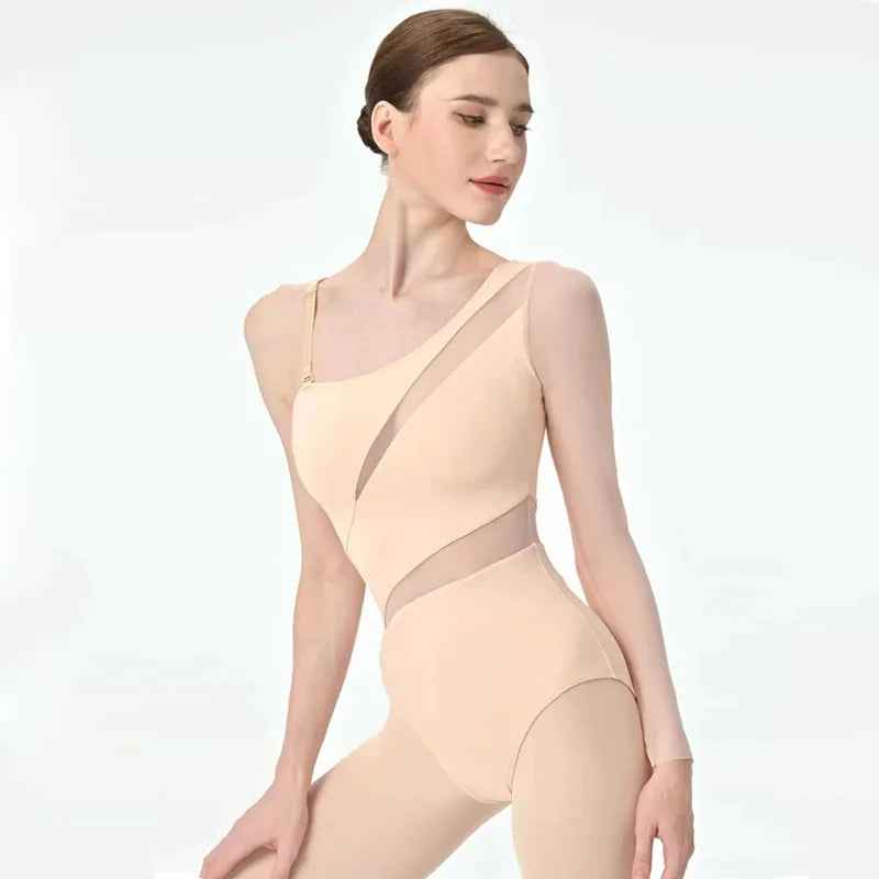 New Ballet Dance Leotards for Girls Women  Mesh Splicing Diagonal sleeved irregular Long Sleeves Gymnastics Lyrical Stage Costum