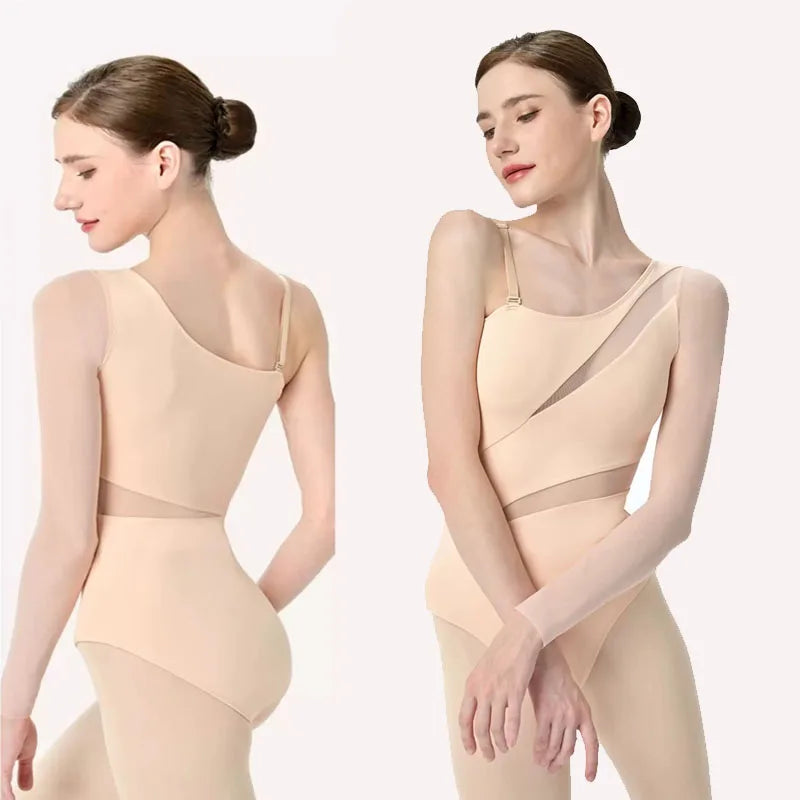 New Ballet Dance Leotards for Girls Women  Mesh Splicing Diagonal sleeved irregular Long Sleeves Gymnastics Lyrical Stage Costum