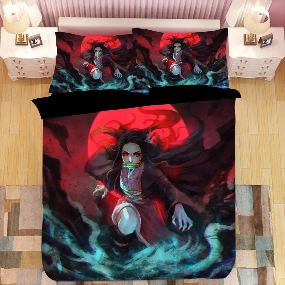 Demon Slayer Bedding Sets Cartoon Comforter Bed Linen Boys Kids Single Double Size Soft Bedclothes Home Decor Anime Duvet Covers