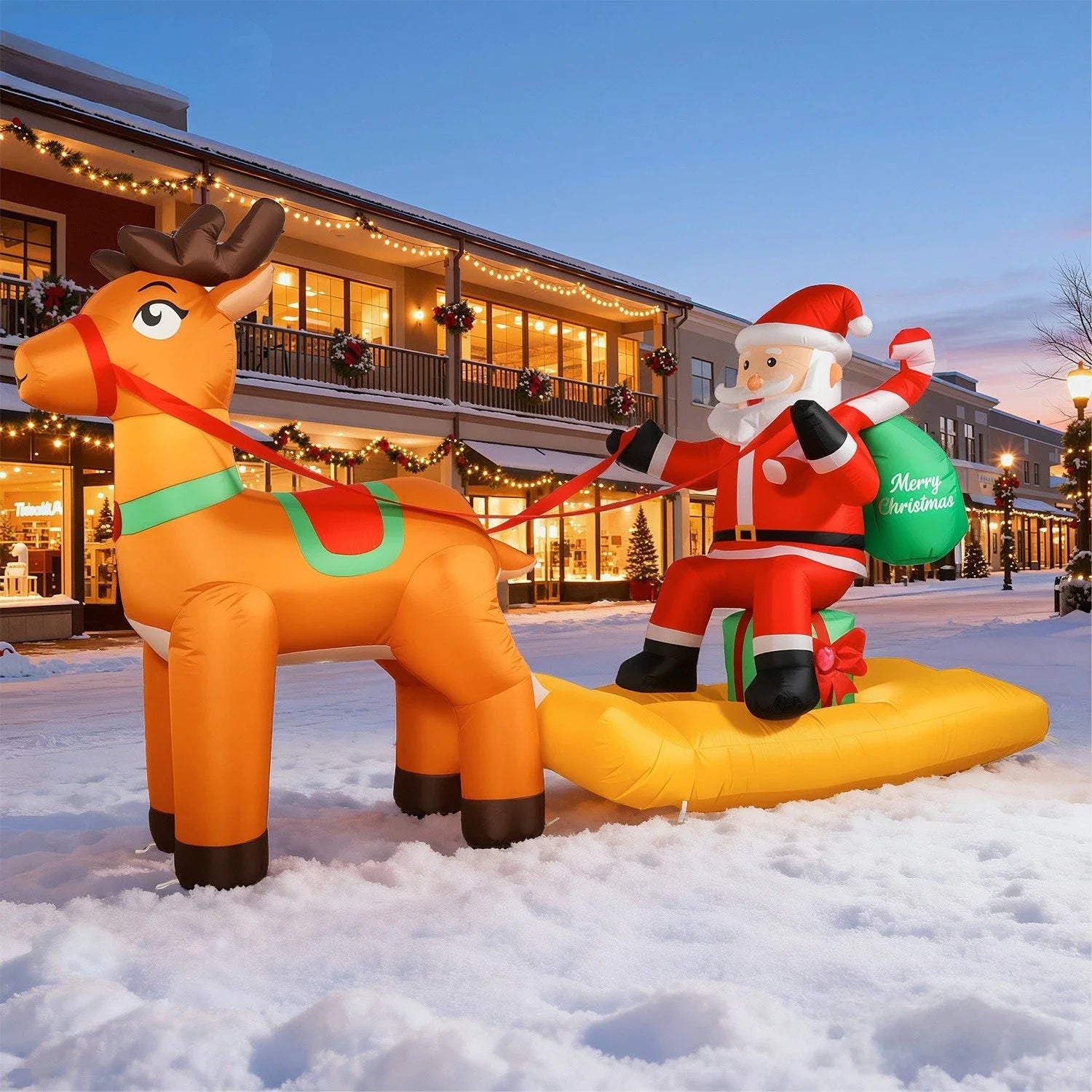 Christmas Inflatable Outdoor Decoration Santa Claus On Sleigh With Reindeer With LED Light Xmas Blow Up Model For Party Yard