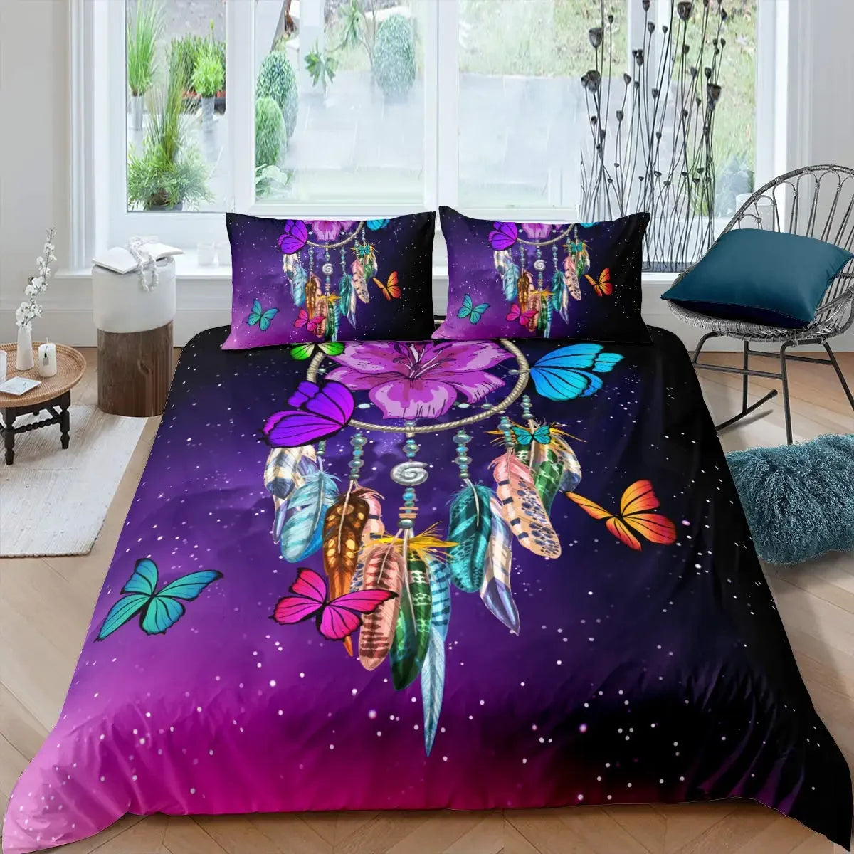 Dream Catcher Duvet Cover Set Purple Bedding Set Chic Boho Mandala Floral Feather Design Galaxy Comforter Cover Set Queen Size