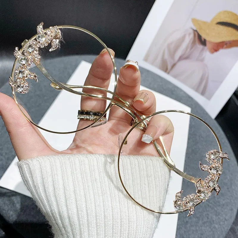 New Style Frameless Cut-edge Diamond Sunglasses With Wave Design, Temple Glasses, Fashionable Round Rhinestone Sunglasses