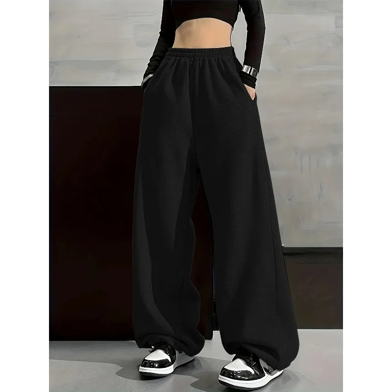 Solid Color Comfortable Wide Leg Pants with Elastic Waist Pocket, Casual Loose Fit for Autumn and Winter