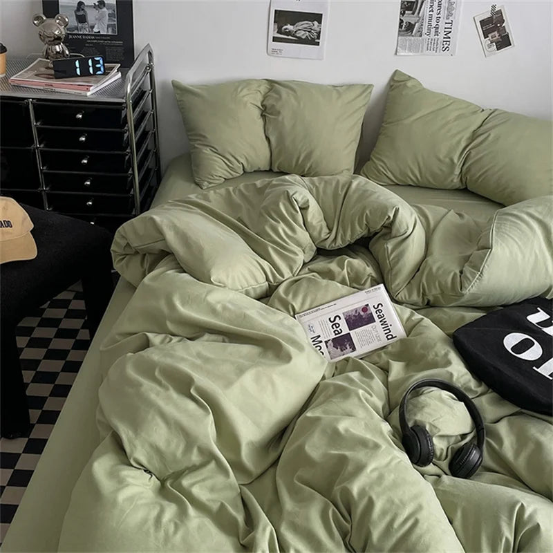 100% Cotton Bed Linen Bedding Set Washed Cotton Four Pieces Bed Sheet Set Comforter Sets Dolid Double Couple Bed Quilt Cover