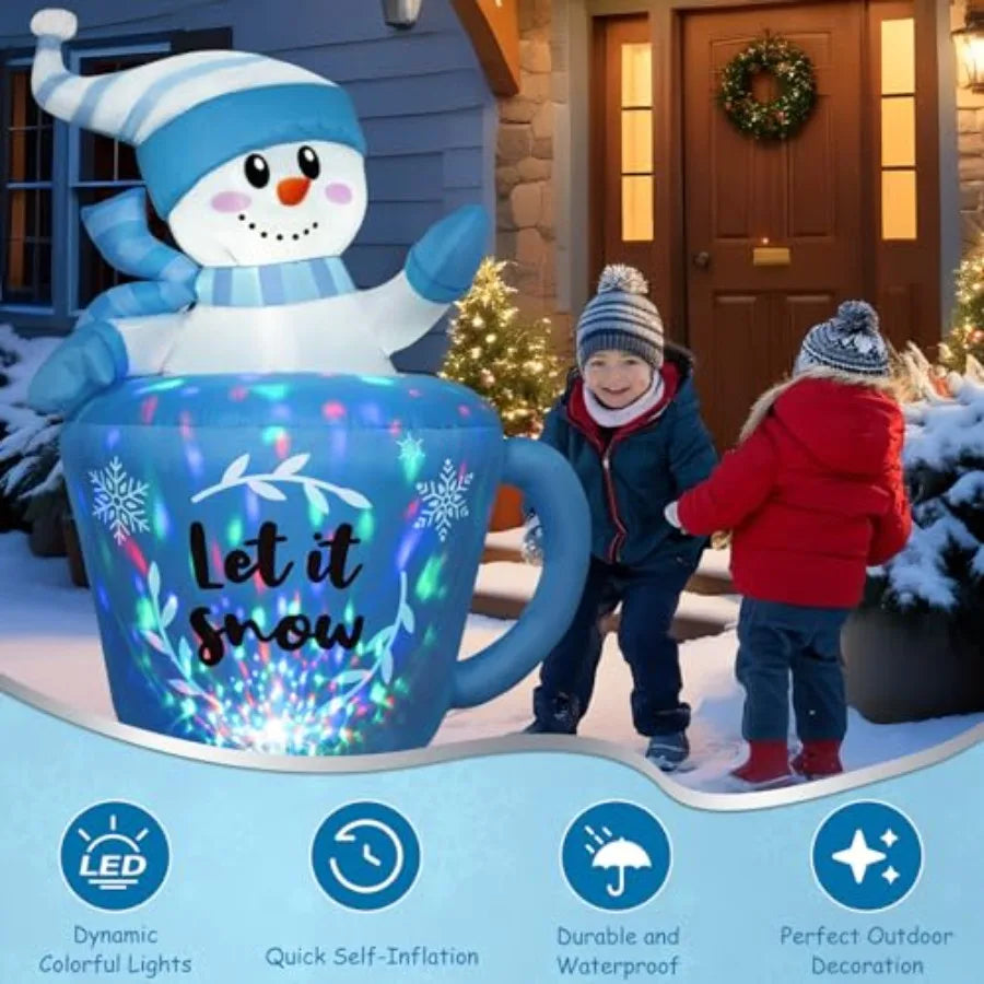 5FT Christmas Inflatable Snowman in Mug Adorable Blue Snowman Blow Up Awaiting the Snow Outdoor Winter Yard Lawn Decorations wi