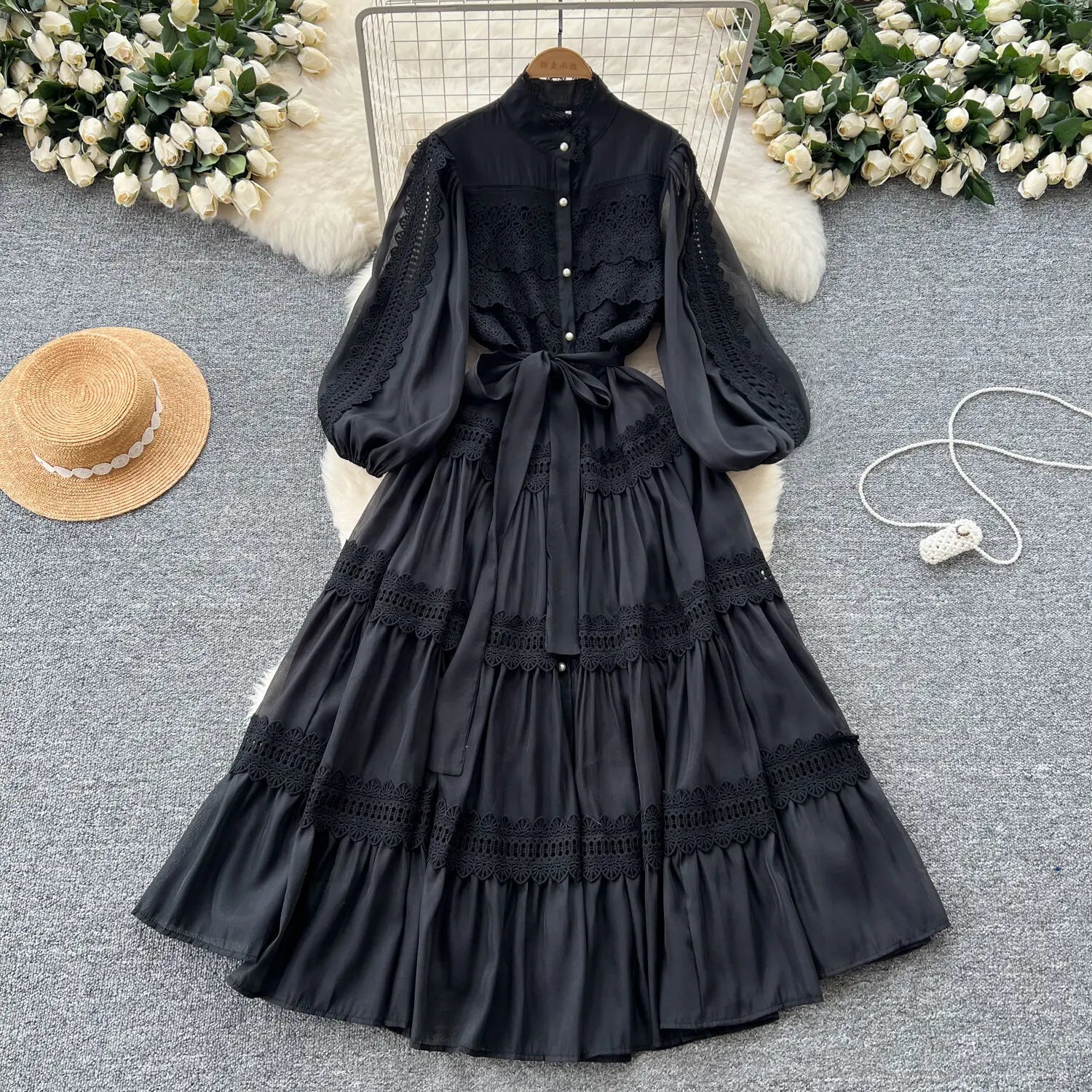 Elegant Hollow Out Organza Long Maxi Dresses Shirt Women Spring Summer Layer Ruffle Full Sleeve Pearl Evening Party Vestidos