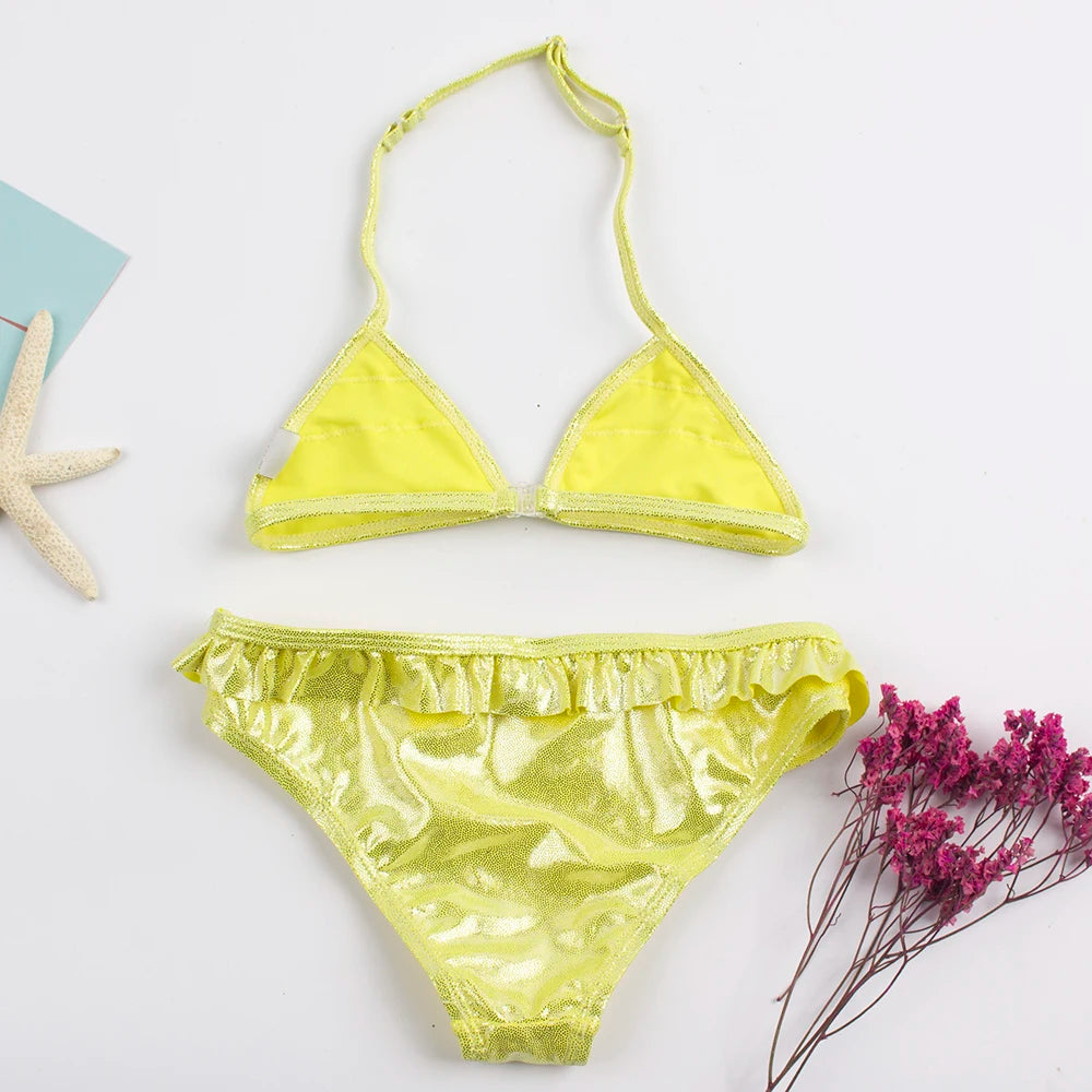 Shinning Ruffle Solid Summer Beach Girls Kids Swimwear Swimsuit Vacation Outdoor Play Adjustable Child Kids Bikini Set