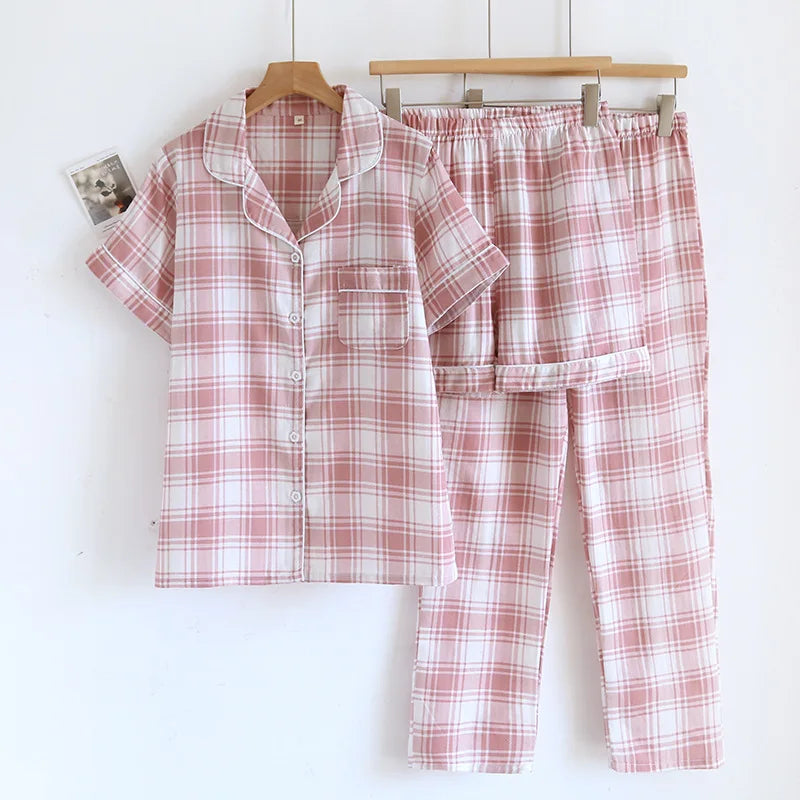 2025 New Summer Women's Pajama Set 100% Cotton Gauze Thin Short Sleeve+Shorts+Pants Simple Checkered Home Furnishing Set