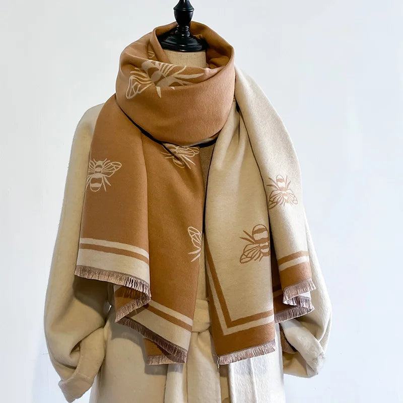 Luxury Brand Two-Sided Bees Scarf Imitation Cashmere Soft Warm Fringe Pashmina Shawl Winter Coldproof Windproof Blanket Scarf