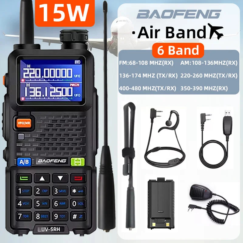 Baofeng walkie talkie UV5RH 15W, six band wireless replication frequency, 999CH, USB transceiver, HAM, , 50KM