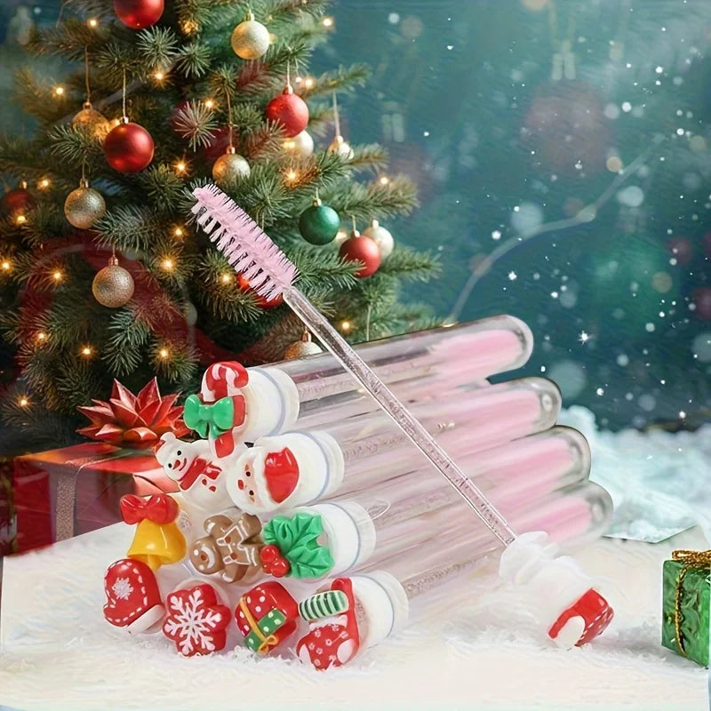 10pcs Christmas Eyelash Brushes Set - Santa Snowflake Design Mascara Wand, Eyebrow Comb, Makeup Applicator - Festive Beauty Gift