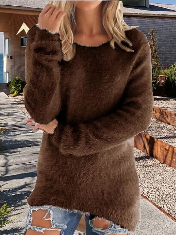 Women Cotton Warm Knitted Sweater Solid Color O Neck Loose Pullover Long Sweater Casual Oversize Blouse Ladies Hipster Clothing