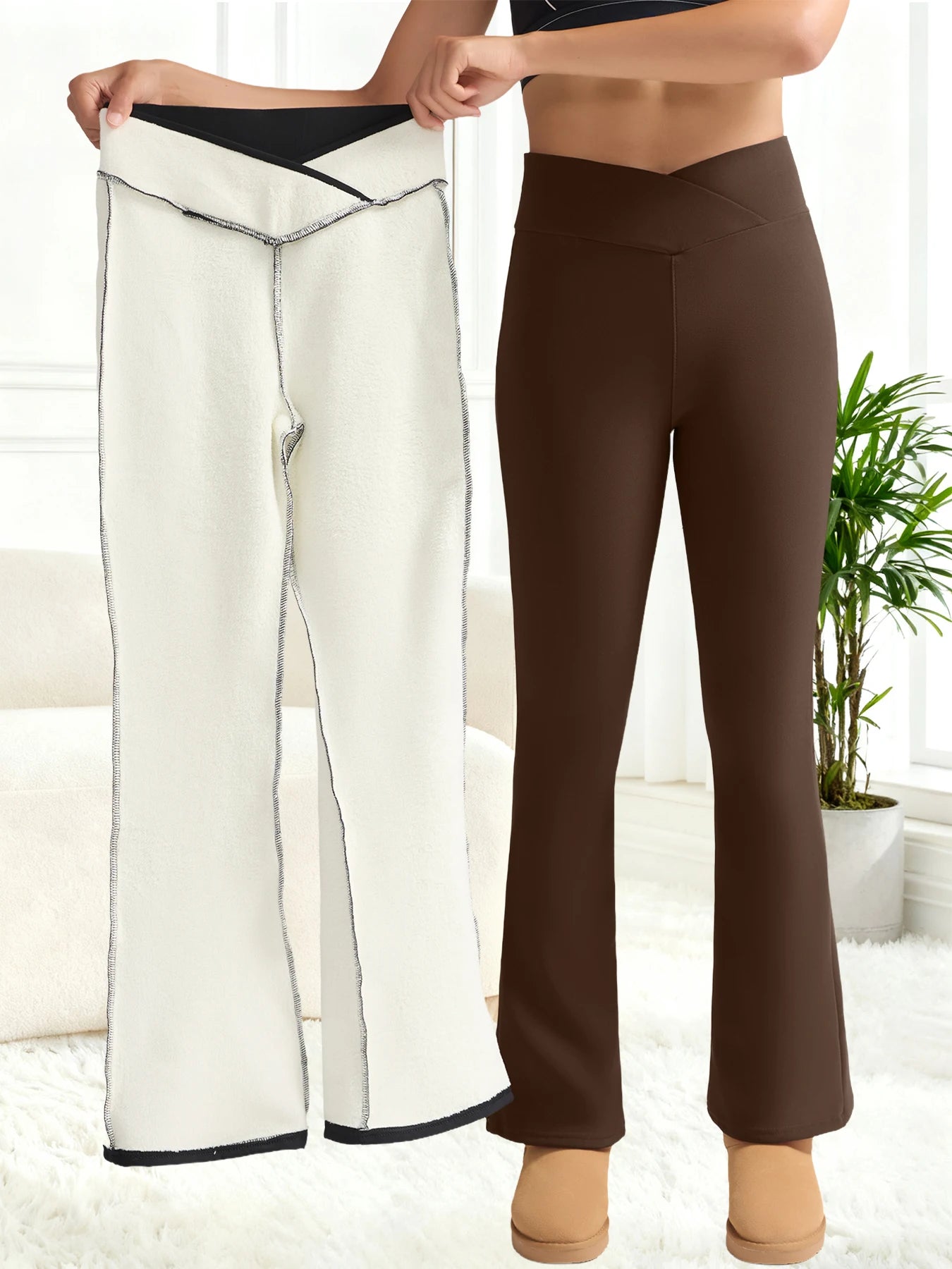 Women's Fleece-Lined Flare Pant Cross-Waist Design Thickened Winter Warm High-Waisted Tummy Control Lifting Leggings Casual Wear