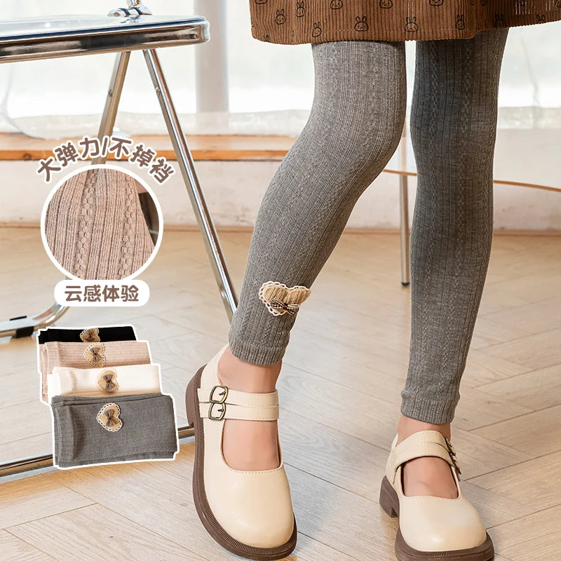 Princess Girl Wavy Cable Knit Cropped Pants With Side Love Bow Heart Lace Trim Tight Soft Comfortable Student Baby Kids Leggings