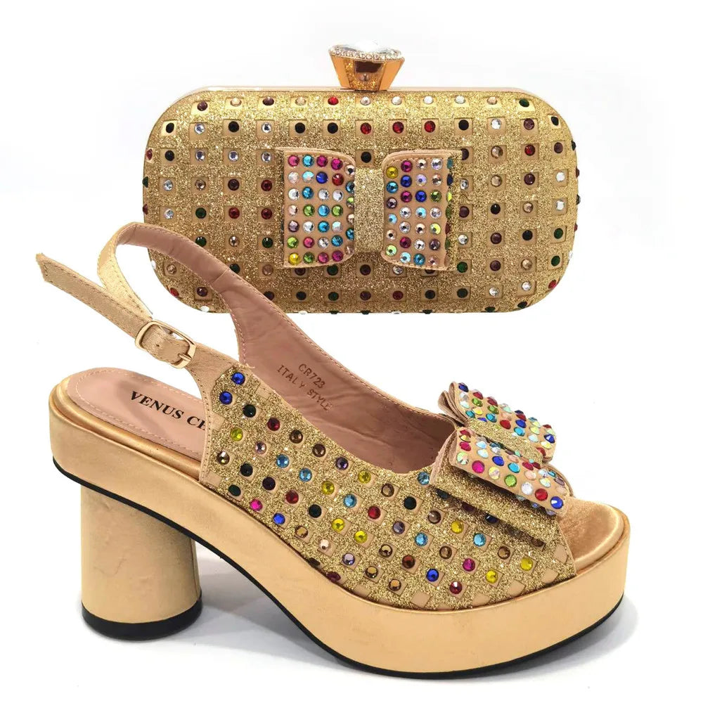 2024 Gold Party Shoe and Bag for Wedding Italy Style Matching Shoes and Purse Set for Bride Bridal High Heels Sandals Bag