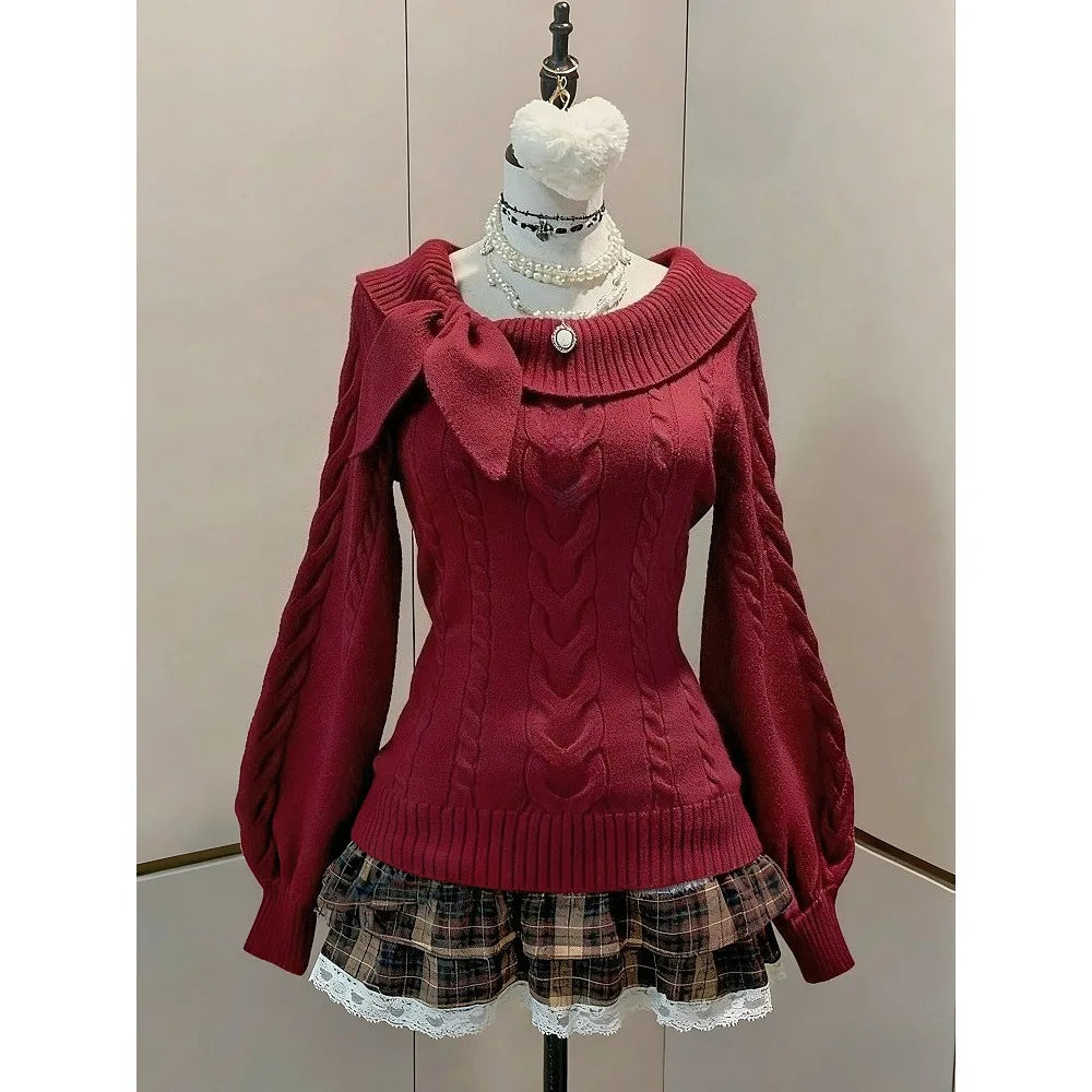 Autumn Winter Woman Korean Fashion Cute Pullover Sweet 2000s Sweater Elegant Oversize Knitwears Designer Aesthetic Chic Coquette