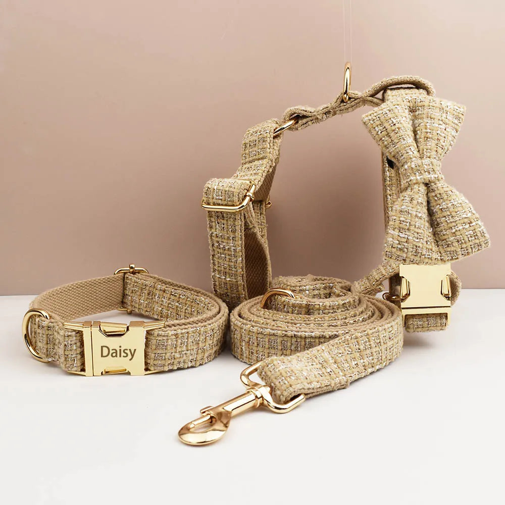 Light Khaki Dog Collar Harness And Leash Set with Custom Engraved Nameplate Personalized Pet Supplies for Dogs