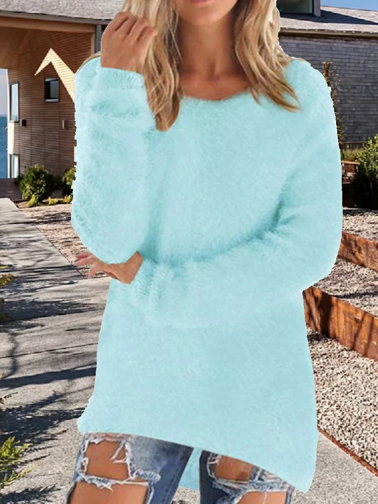 Women Cotton Warm Knitted Sweater Solid Color O Neck Loose Pullover Long Sweater Casual Oversize Blouse Ladies Hipster Clothing