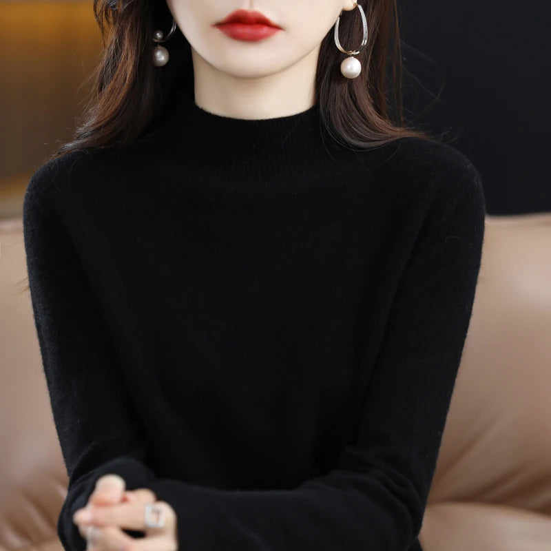 New Fashion Autumn And Winter Pure Wool Sweater Top Women's Semi-Turtleneck Solid Color Long-Sleeved Fashion Pullover Sweater101
