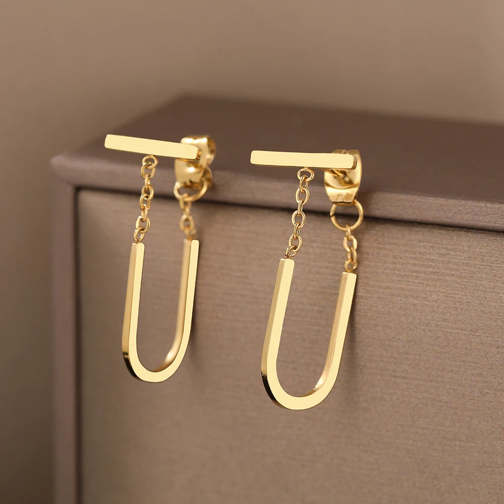 Stainless Steel Earrings Simple Geometric Stick Gothic Hip Hop Stereo U-shaped Tassel Pendant Earrings For Women Jewelry Gifts