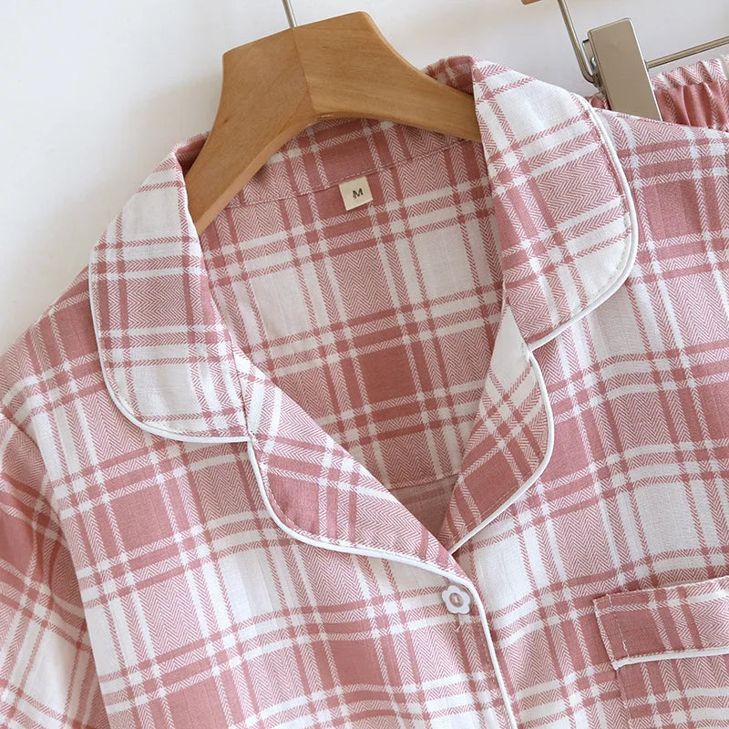 2025 New Summer Women's Pajama Set 100% Cotton Gauze Thin Short Sleeve+Shorts+Pants Simple Checkered Home Furnishing Set
