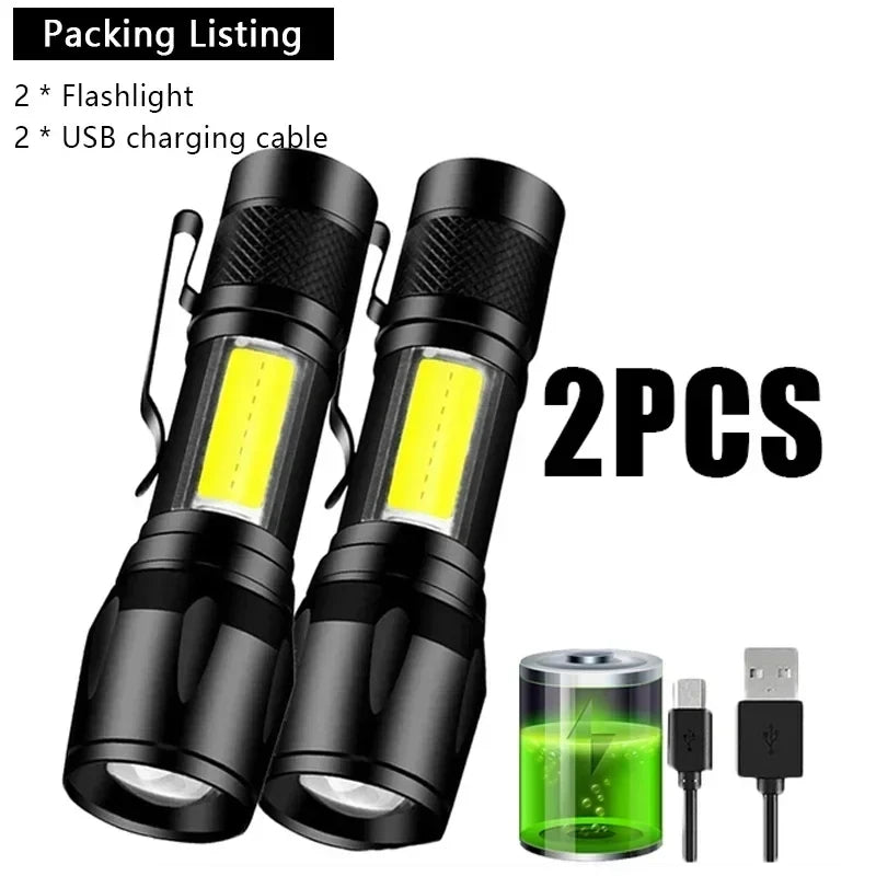 Portable Rechargeable LED Flashlight with Pen Clip Zoomable Waterproof Torch with Side Light Outdoor Camping Emergency Lantern