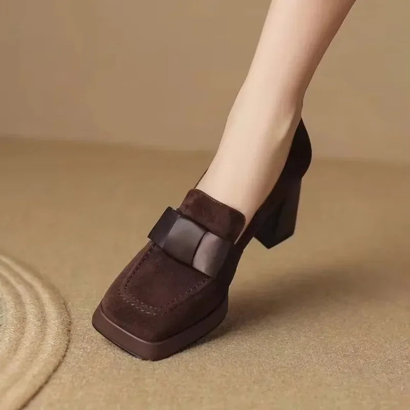 Women High 2025 New Heels Fashion Bow Dress Loafers Female Platform Heels Leather Shoes Mary Jane Retro Women Shoes Solid Color