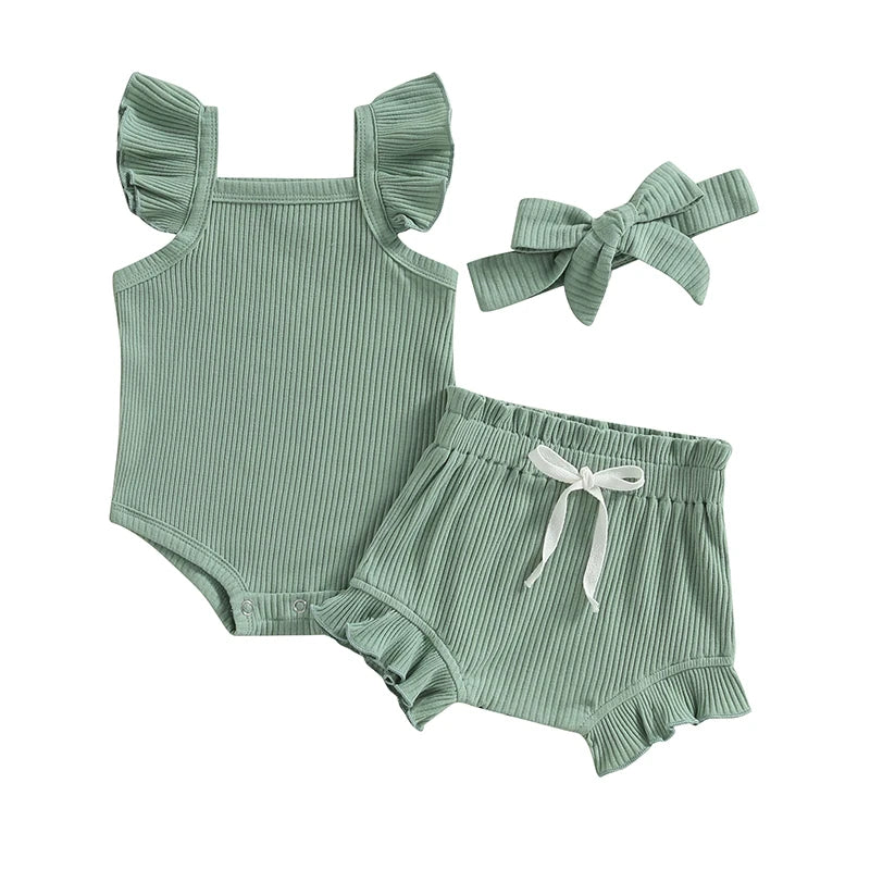 Newborn Baby Girl Clothes Summer Outfit Ruffle Sleeveless Knit Romper Top Bloomer Shorts Set