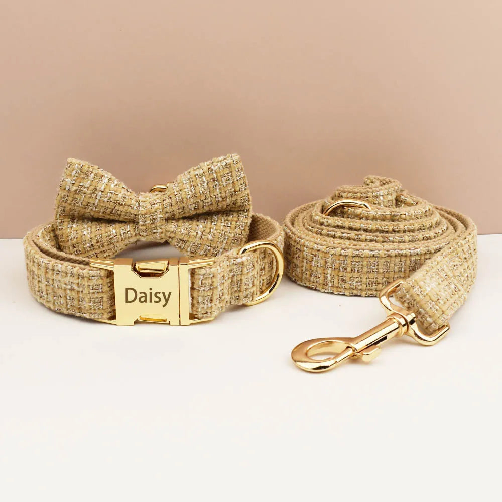Light Khaki Dog Collar Harness And Leash Set with Custom Engraved Nameplate Personalized Pet Supplies for Dogs